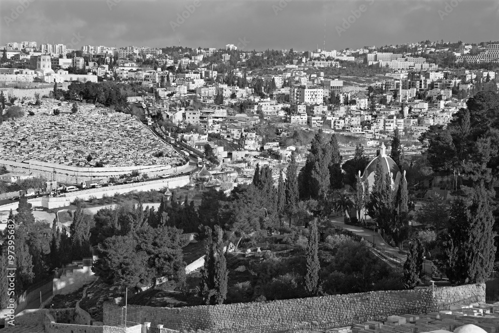 Jerusalem - Outlook from Mount of Olives to Hl. Mary of Magdalene chruch