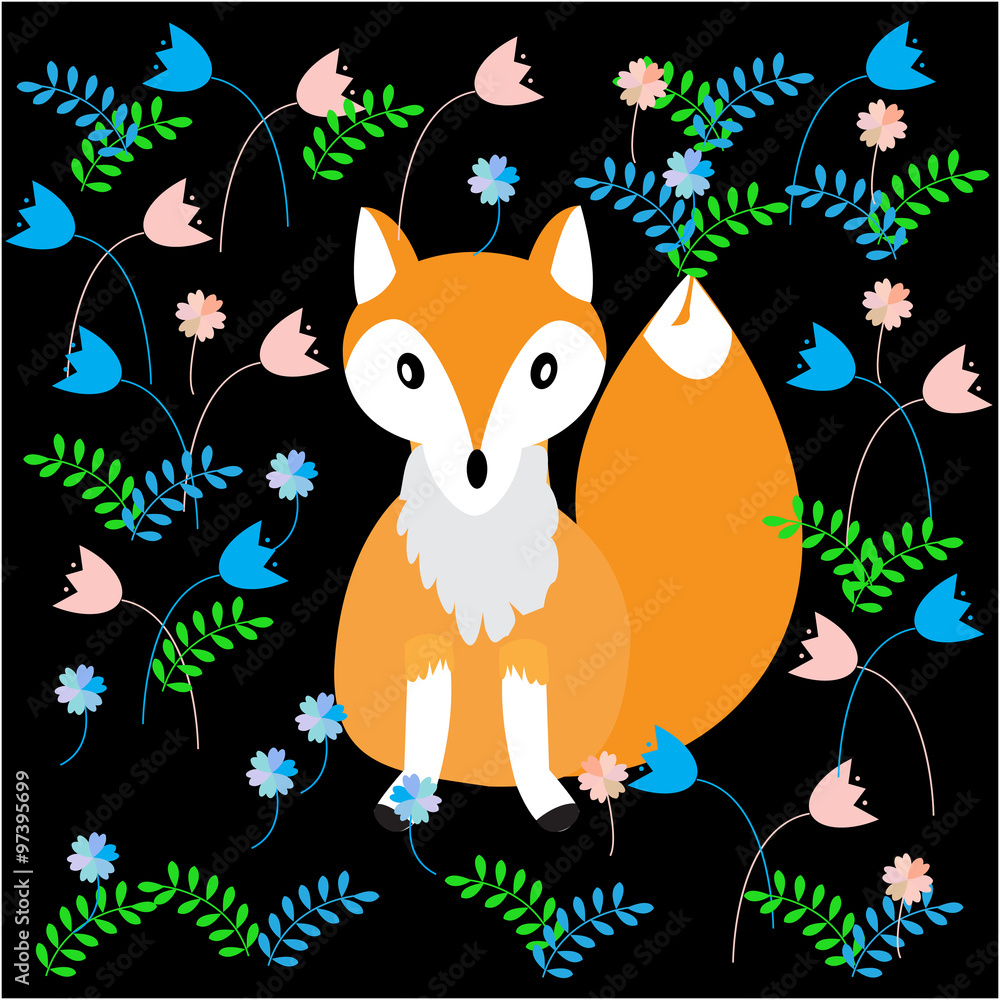 Fox on a black background, surrounded by flowers and plants Fox on a black background, surrounded by flowers and plants