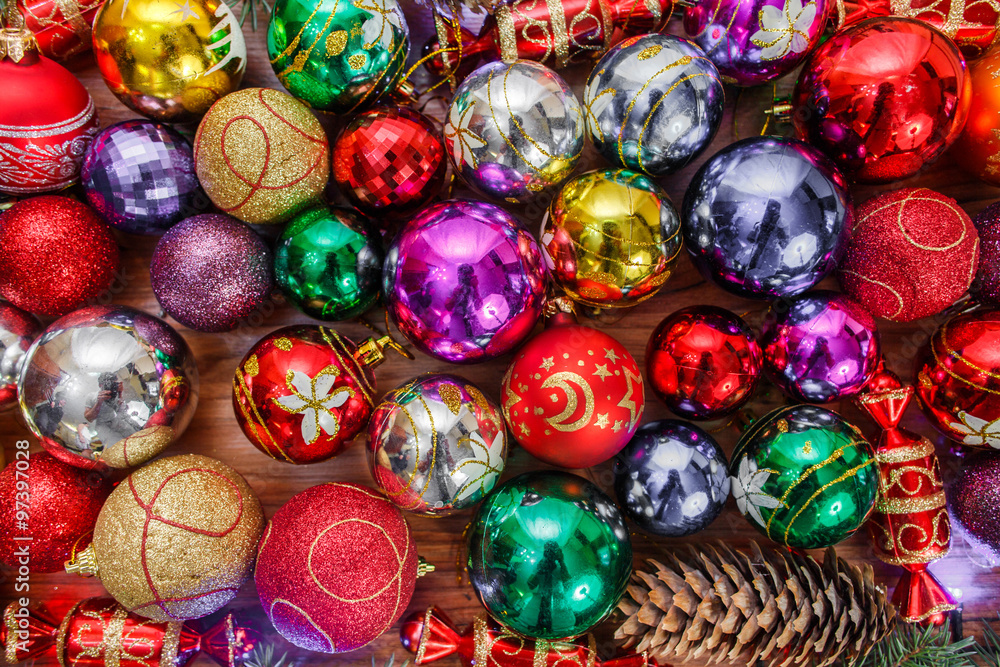 Many colored Christmas toys on a table Many colored Christmas toys on a table