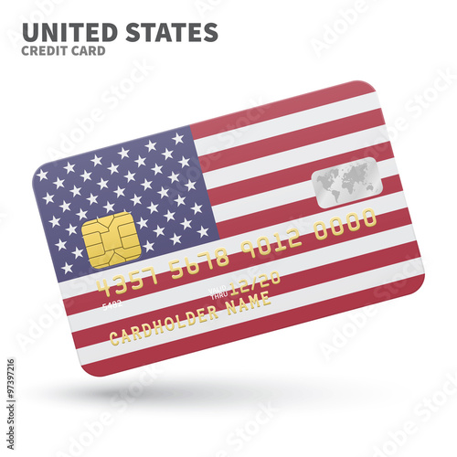 Credit card with United States flag background for bank, presentations and business. Isolated on white