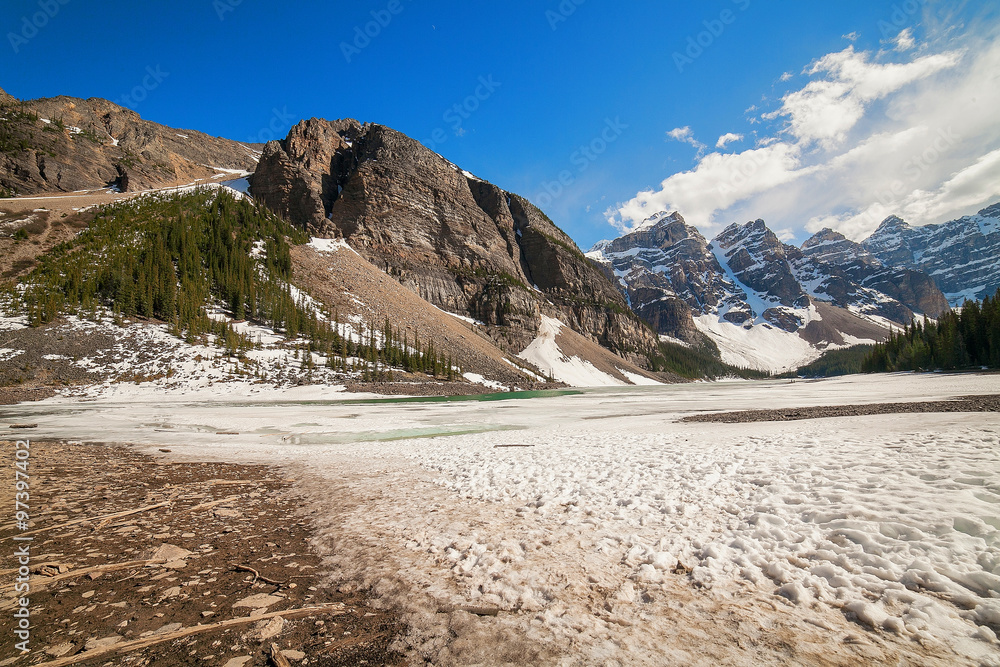 Frozen water of Moraine Lake, Banff National Park, Alberta, Canada