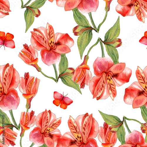 Seamless watercolor flowers  alstroemerias  and butterflies background pattern design