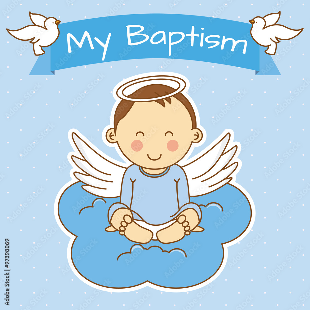 Fototapeta premium Angel wings on a cloud. boy baptism