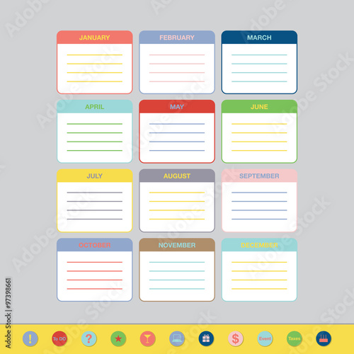 Monthly goals calendar template for year 2016. Colorful ruled months organizer, diary, planner for important goals. With circle icon stickers and place for notes.