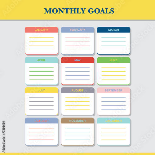 Monthly goals calendar template for year 2016. Colorful ruled months organizer, diary, planner for important goals. With circle icon stickers and place for notes.