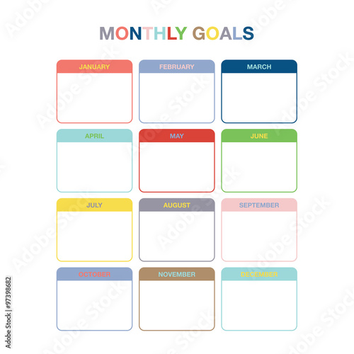 Monthly goals calendar template for year 2016. Colorful ruled months organizer, diary, planner for important goals. With circle icon stickers and place for notes.