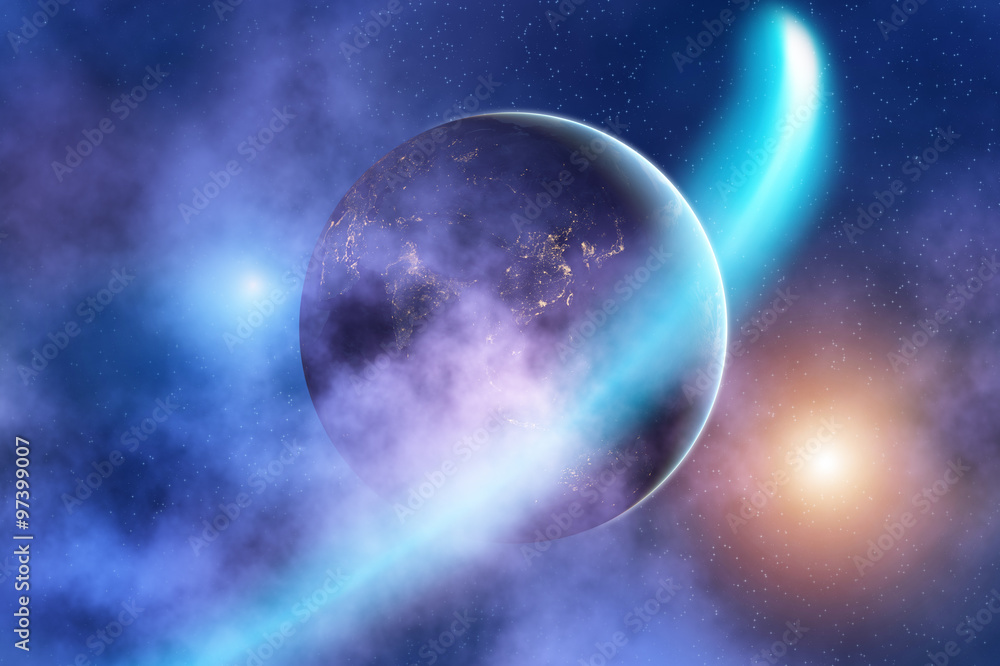 Obraz premium Comet and earth on a starry background. 