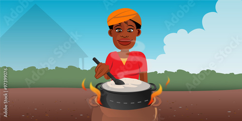 cartoon vector illustration of an African woman cooking