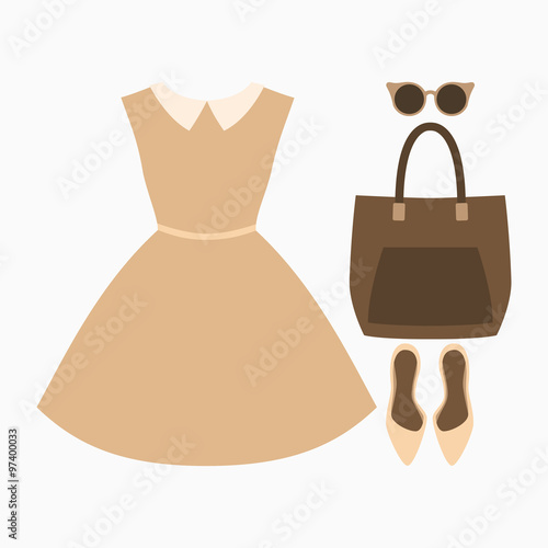 Set of trendy women's clothes. Outfit of woman dress and accessories. Women's wardrobe. Vector illustration