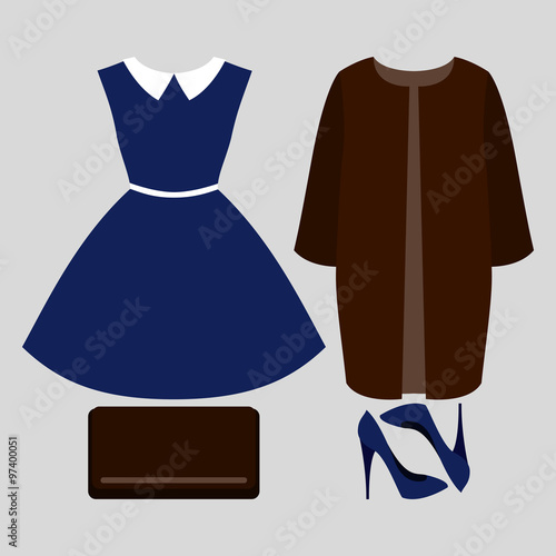 Set of trendy women's clothes. Outfit of woman coat, dress and accessories. Women's wardrobe. Vector illustration