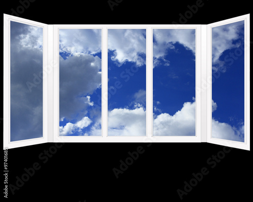 plastic window with cloudy sky isolated on black