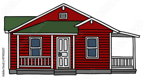 Red wooden small house / Hand drawing, vector illustration