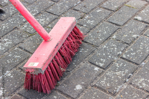 broom / pink broom on cobblestones
