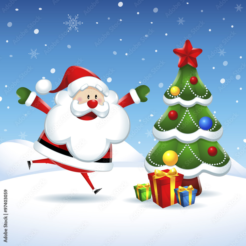 Santa Claus is coming to the Christmas tree  in Christmas snow scene