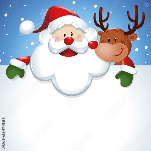 Santa Claus with reindeer, and big white sign in blue background