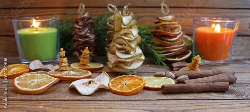 Christmas composition Christmas trees are handmade from dried fruits apple, pear, orange, lemon