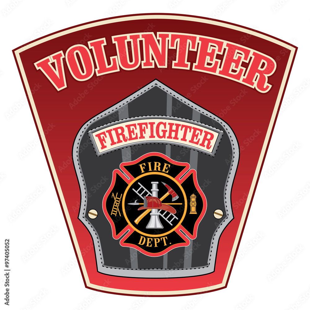 Fototapeta premium Volunteer Firefighter Shield is an illustration of a firefighter or fireman badge with a Maltese cross and firefighter tools logo inside of a shield shape.