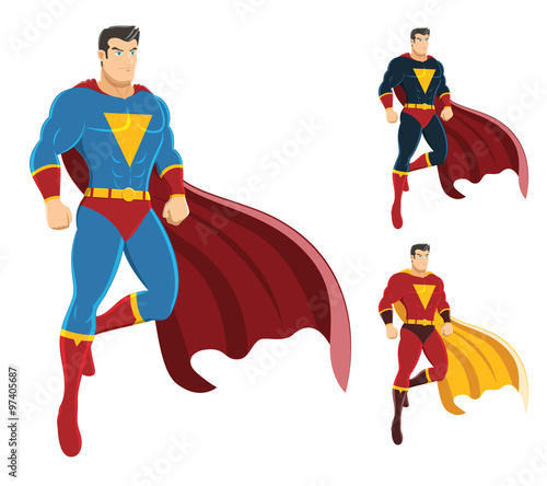 Male superhero hovering in the air. On the right are 2 additional versions. No gradients used.