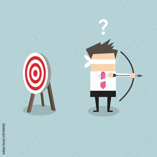 Blindfold businessman holding bow and arrow look for target in wrong direction vector