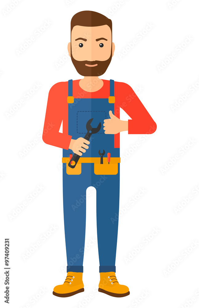 Cheerful repairman with spanner.