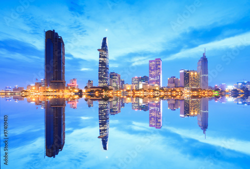 Beautiful view of Ho Chi Minh city riverside at blue hour