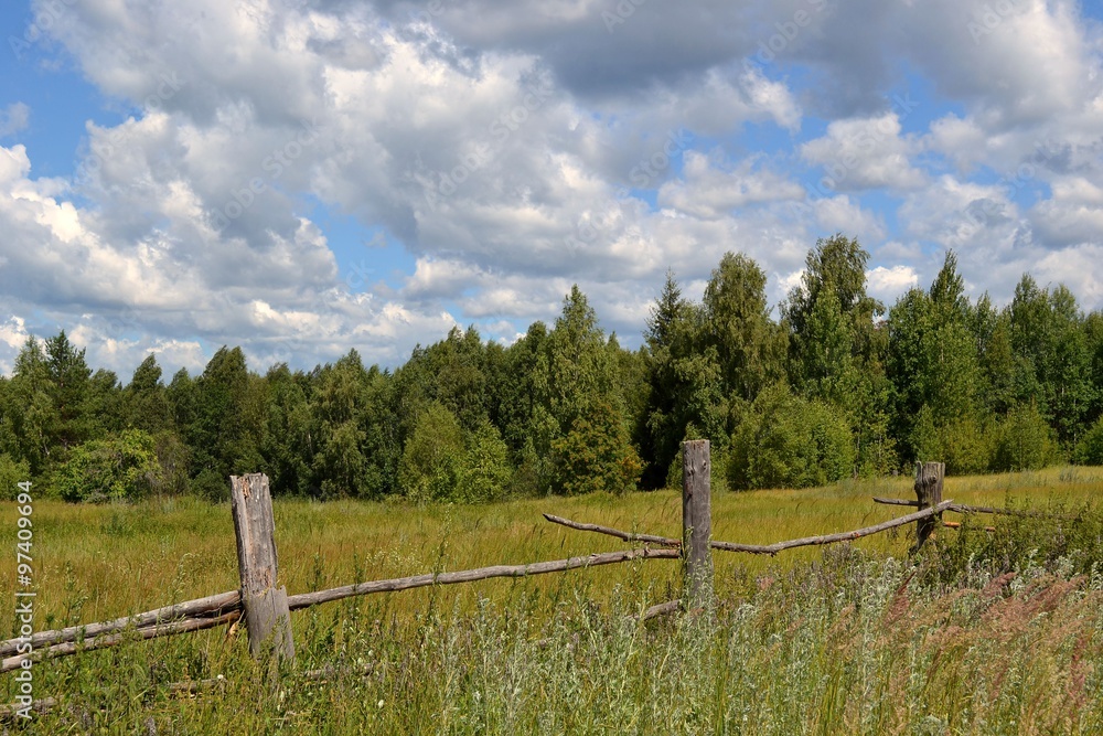 Fototapeta premium Сельский пейзаж с покосившейся изгородью