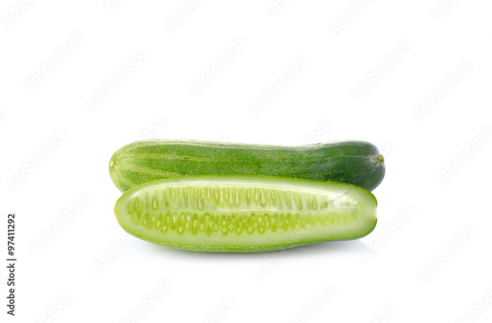 Cucumber and slices on white background