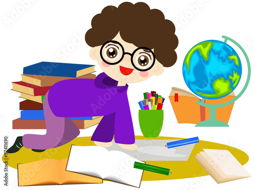 Cute boy is learning and using his globe and books.
