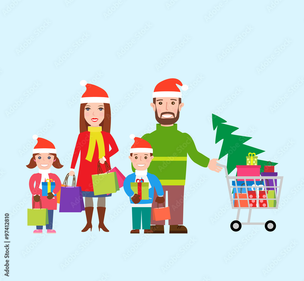 happy family in santa hats with shopping bags and shopping cart. family shopping.christmas shopping happy family in santa hats with shopping bags and shopping cart. family shopping.christmas shopping