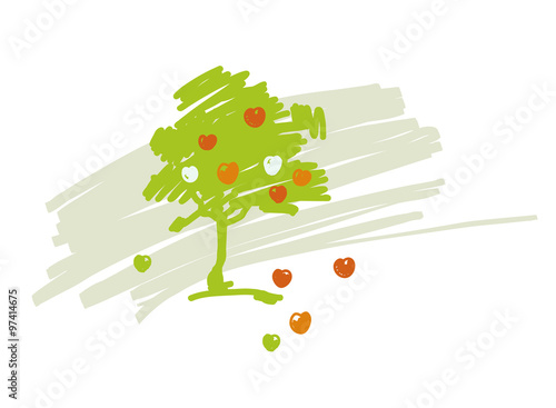 Vector stylized drawing of apple tree with ripe fruits