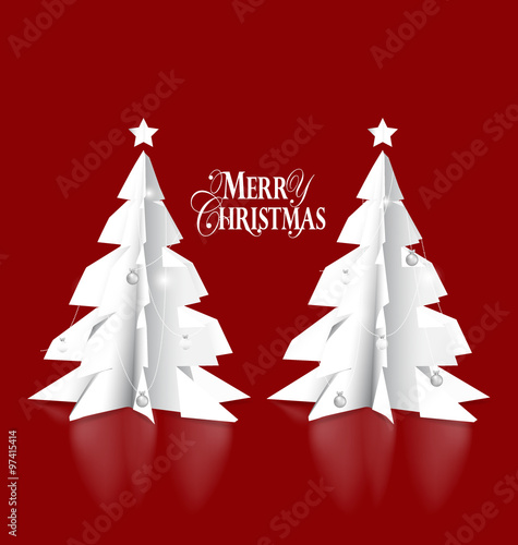 Merry Christmas greeting card with origami Christmas tree, vecto