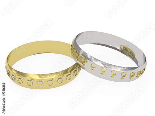Wedding rings with male and female symbols