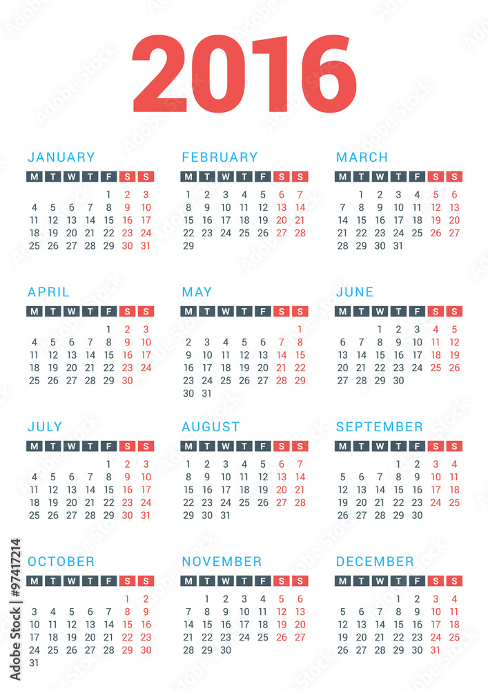 Calendar for 2016 Year on White Background. Week Starts Monday. Vector Design Print Template Calendar for 2016 Year on White Background. Week Starts Monday. Vector Design Print Template