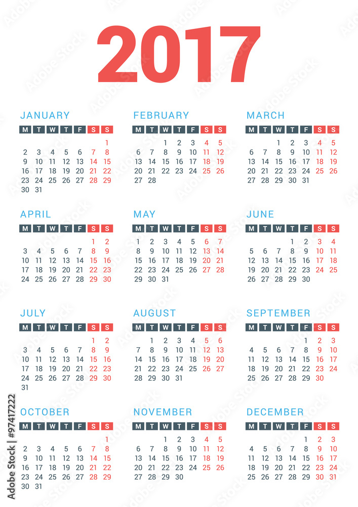 Calendar for 2017 Year on White Background. Week Starts Monday. Vector Design Print Template