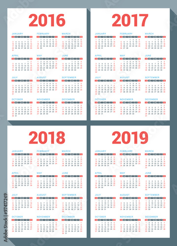 Set of Calendars for 2016, 2017, 2018, 2019 Years on White Background. Week Starts Sunday. Vector Design Print Template