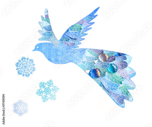 Abstract bird isolated on white background. Handmade style bird with leaves and snowflakes