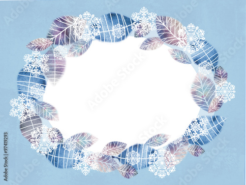 Winter background. Floral romantic frame made of hand drawn leaves and snowflakes. Invitation or greeting card.