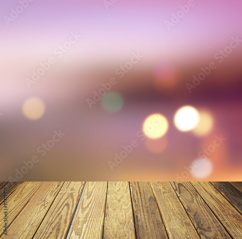 Empty wood table over sunset sky blurred bokeh background, product display template,deck,
