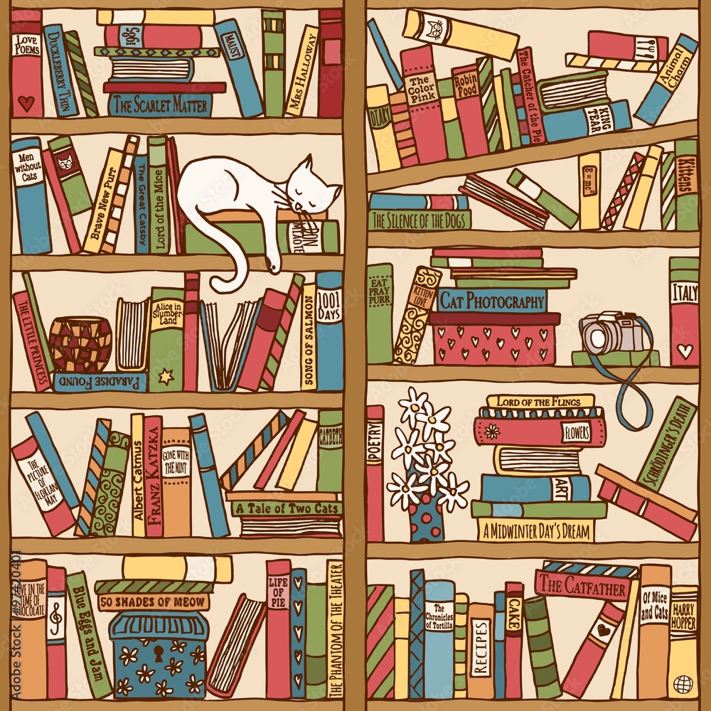 Naklejka premium Handgezeichnetes Bücherregal (seamless pattern)