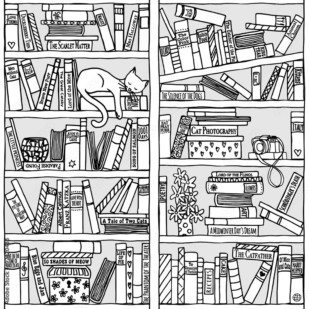 Naklejka premium Handgezeichnetes Bücherregal (seamless pattern)