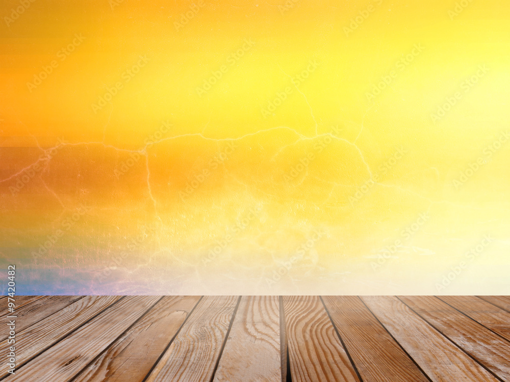 Empty wood table over blurred abstract crack wall background, product display template,deck,