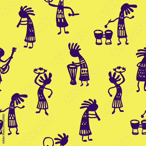 background seamless pattern African men musicians with tools on a yellow background sketch Doodle Vector Illustration