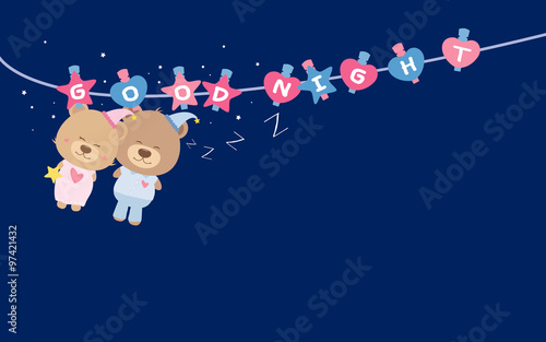 Good Night. Couple teddy bear on clothes line.