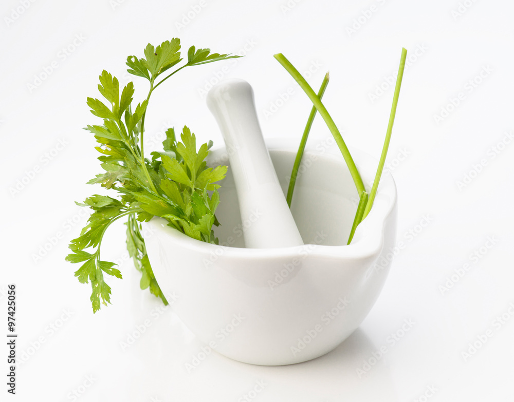 kitchen mortar with parsley