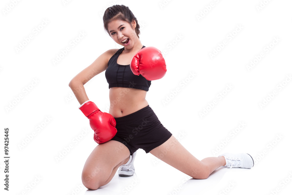 Boxer - fitness woman boxing wearing boxing gloves on white background. Boxer - fitness woman boxing wearing boxing gloves on white background.