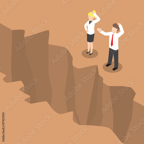 Isometric businesspeople standing at edge of the cliff
