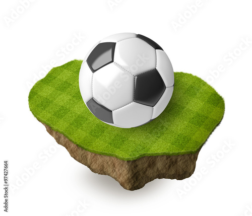 3d realistic classic soccer ball on a piece of rock with stripped green soccer field on it. See whole set for other countries.  