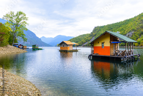 Houseboats of Perucac lake  Tara National Park  Serbia 