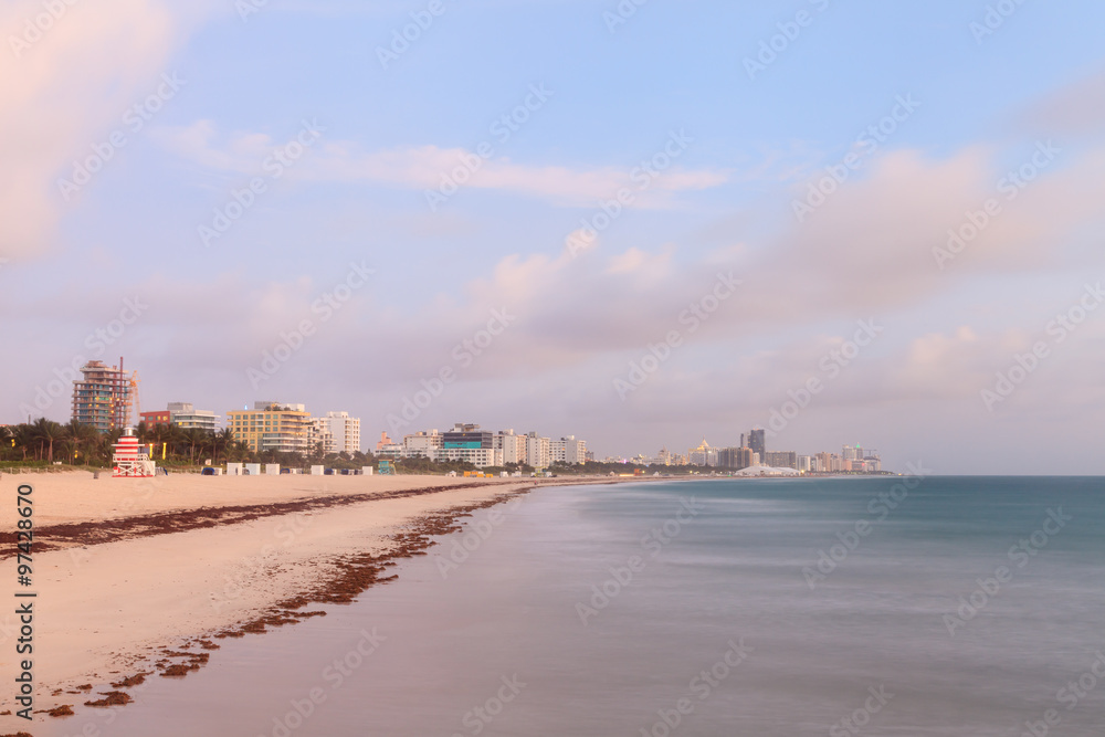 Miami Beach Sunrise.  Dawn breaks on South Beach, Miami, in Florida, USA.