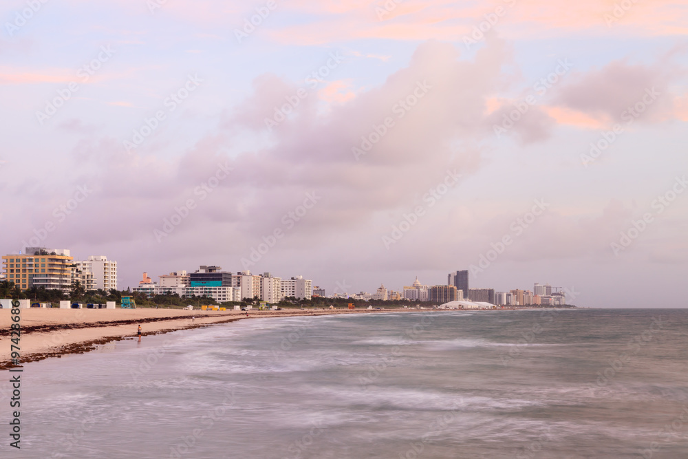 Miami Beach Sunrise.  Dawn breaks on South Beach, Miami, in Florida, USA.